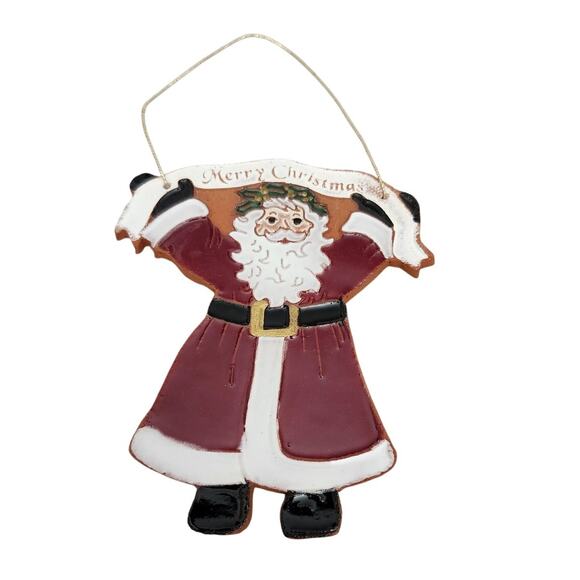 Clay Pottery Christmas Santa Ornament Glazed Red Primitive Banner - Picture 1 of 6